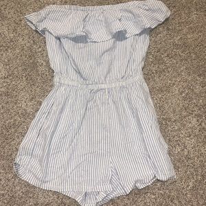 Blue and white striped strapless romper